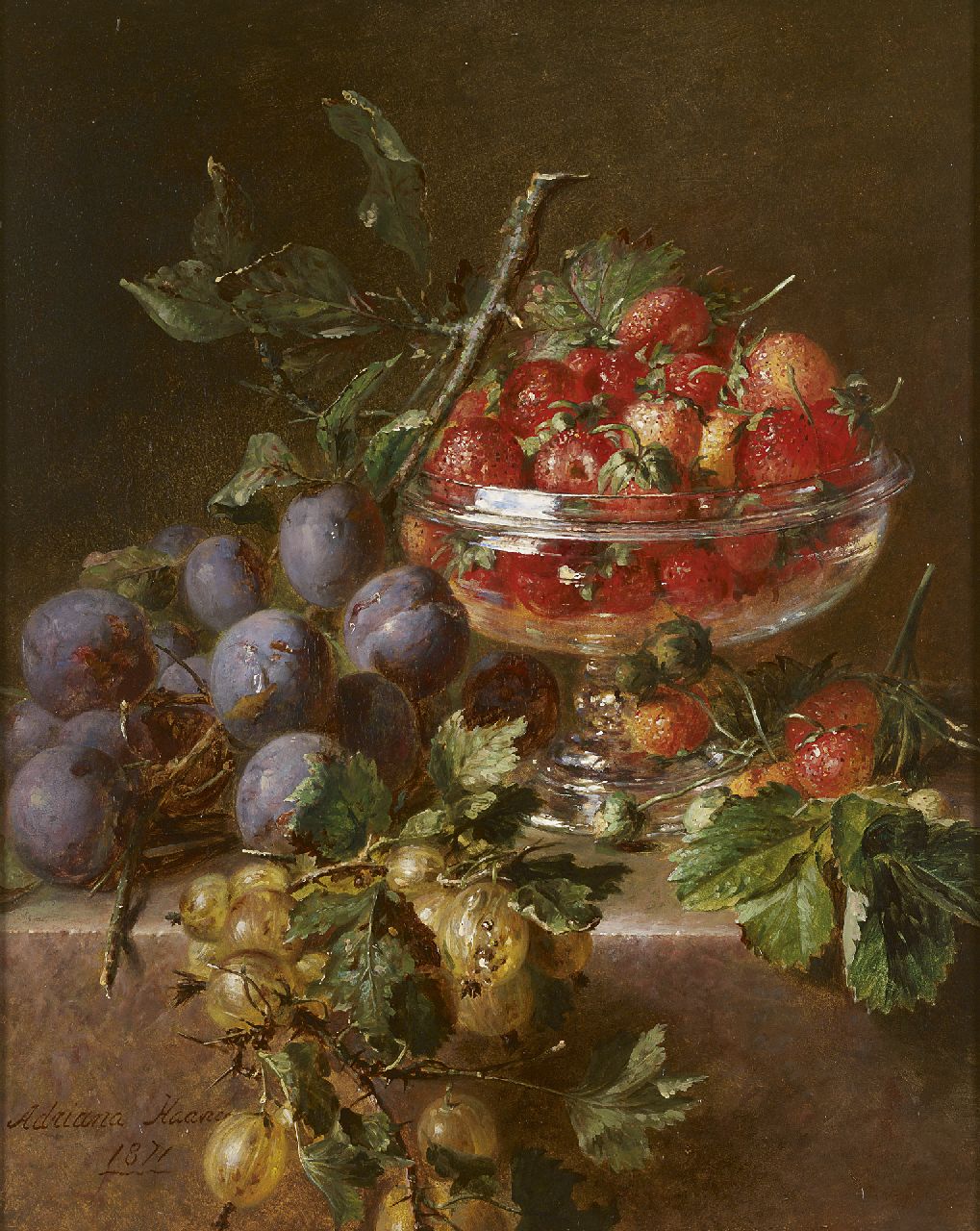 Haanen A.J.  | Adriana Johanna Haanen, Fruit still life, Öl auf Holz 38,3 x 30,3 cm, signed l.l. und dated 1871