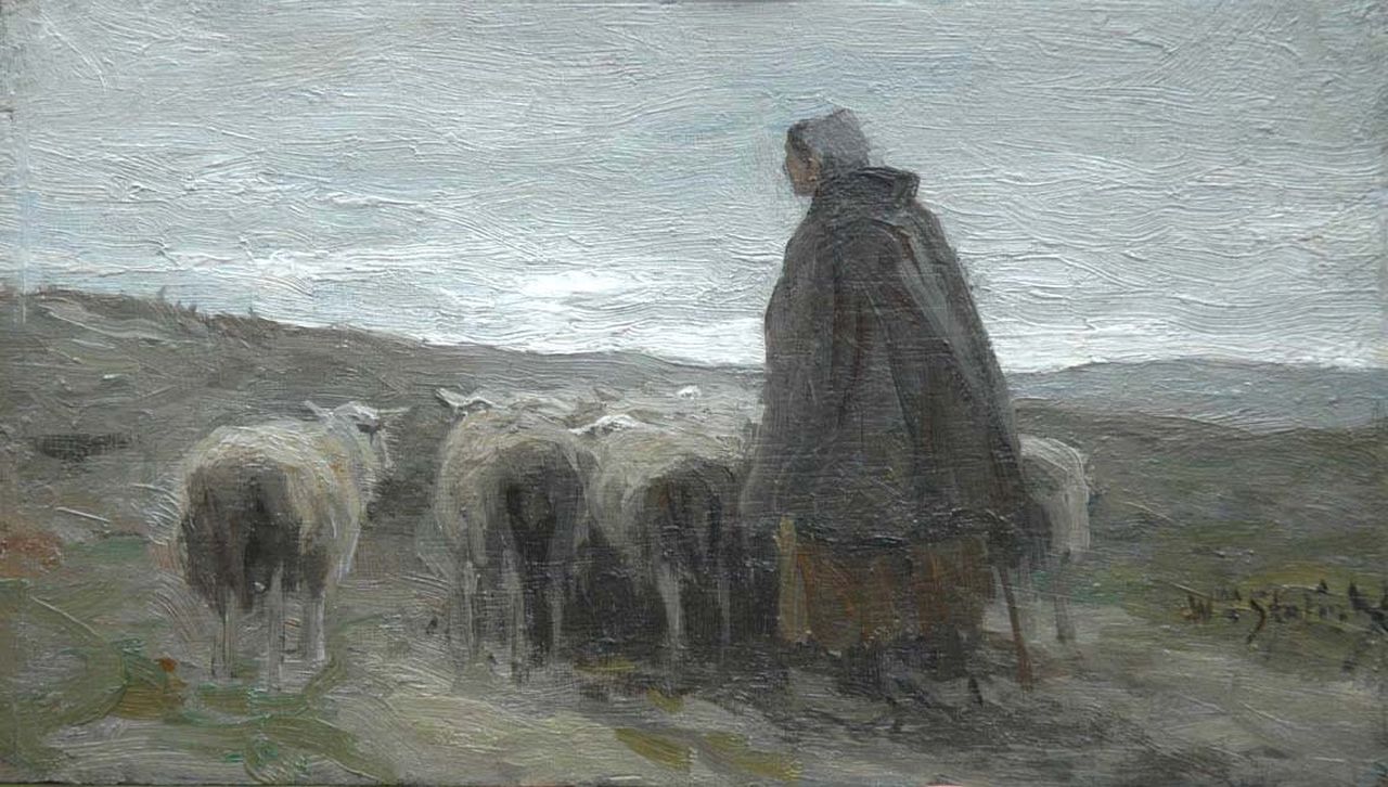 Steelink jr. W.  | Willem Steelink jr., Sheep with shepherdess, Öl auf Holz 13,1 x 22,9 cm, signed l.r.