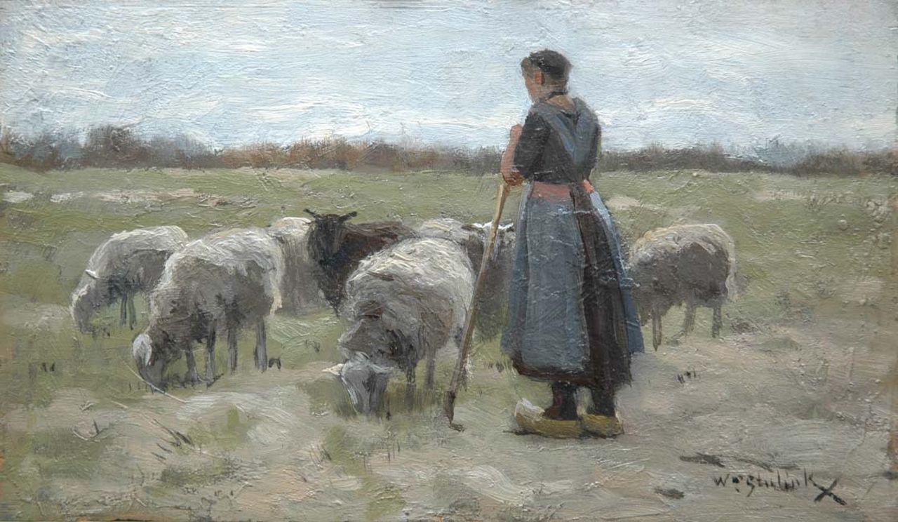 Steelink jr. W.  | Willem Steelink jr., Shepherdess with flock, Öl auf Holz 13,0 x 21,9 cm, signed l.r.