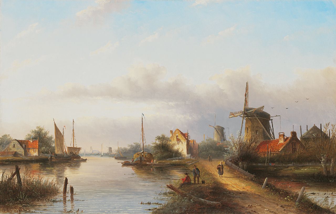 Spohler J.J.C.  | Jacob Jan Coenraad Spohler, Dutch river view with windmills and two anglers, Öl auf Leinwand 43,1 x 67,2 cm, signed l.l.