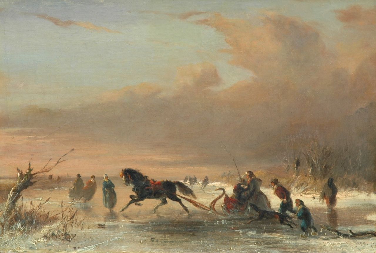 Tavenraat J.  | Johannes Tavenraat, Horse-sledge on the ice, Öl auf Leinwand 31,3 x 46,2 cm, signed l.r. und dated 1859
