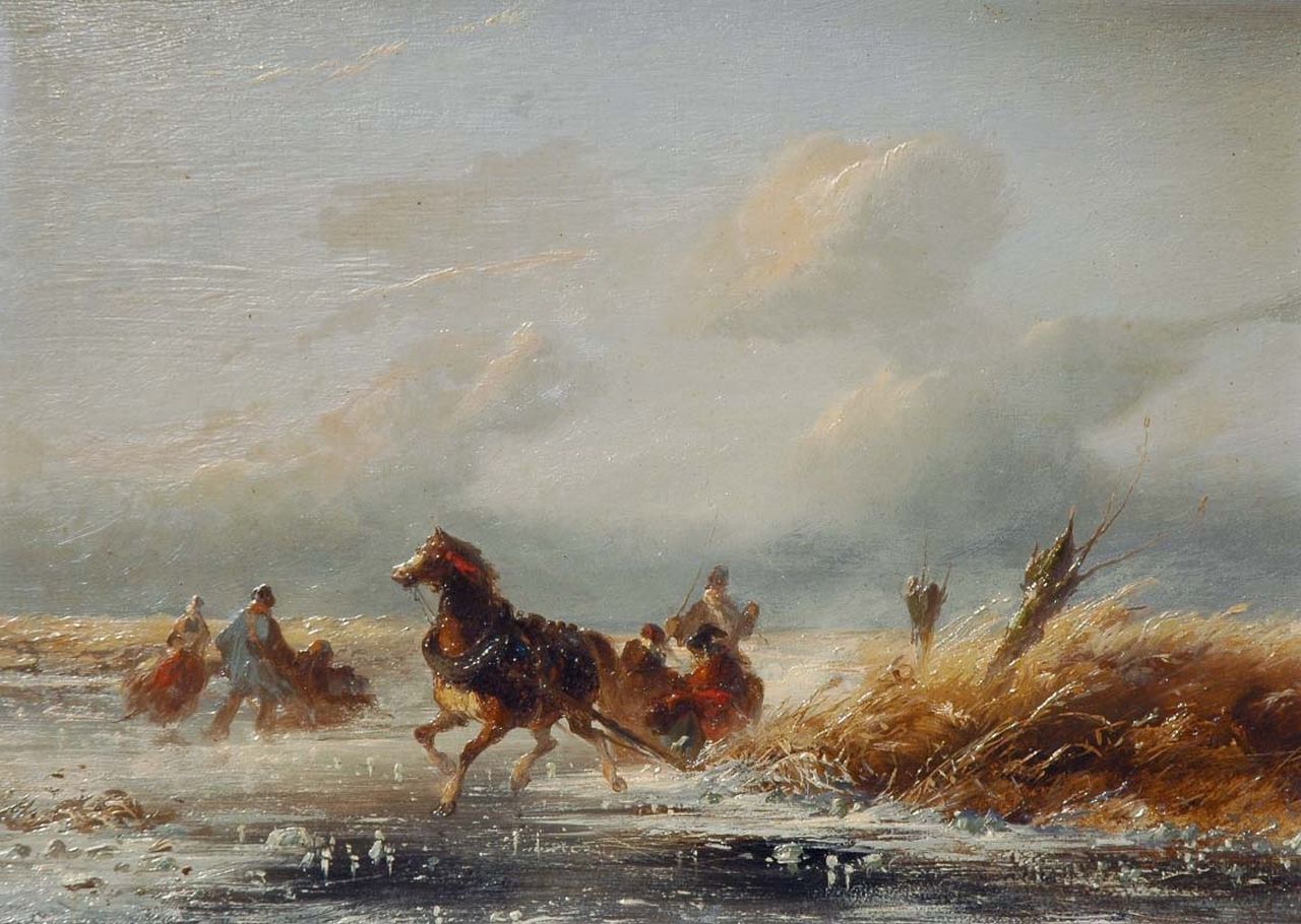 Tavenraat J.  | Johannes Tavenraat, Horse-sledge on the ice, Öl auf Holz 20,6 x 29,4 cm, signed l.l. und dated 1851