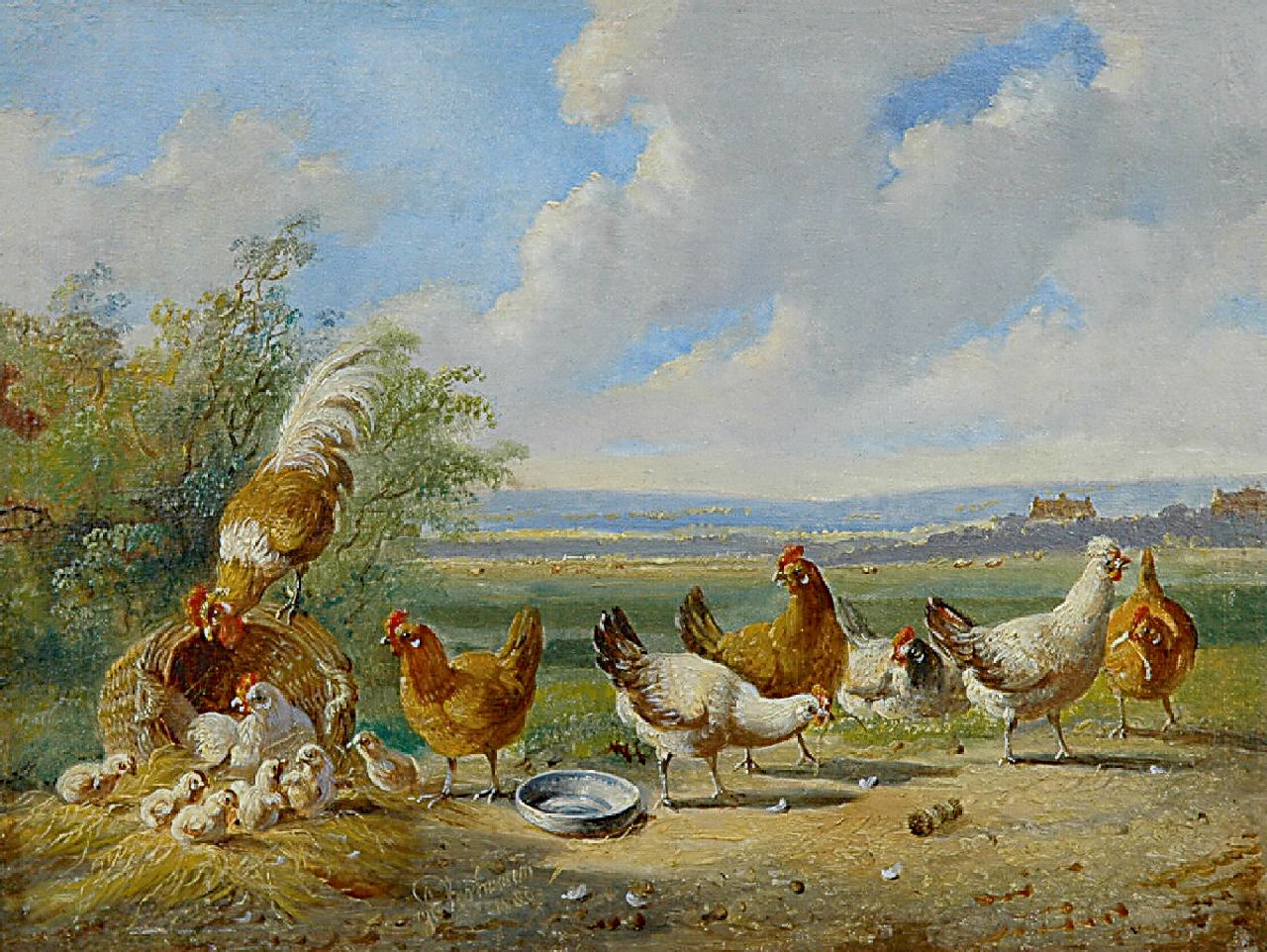 Verhoesen A.  | Albertus Verhoesen, Federvieh in einer weiten Landschaft, Öl auf Holz 14,5 x 19,0 cm, Unterzeichnet l.v.d.M. und datiert 1880