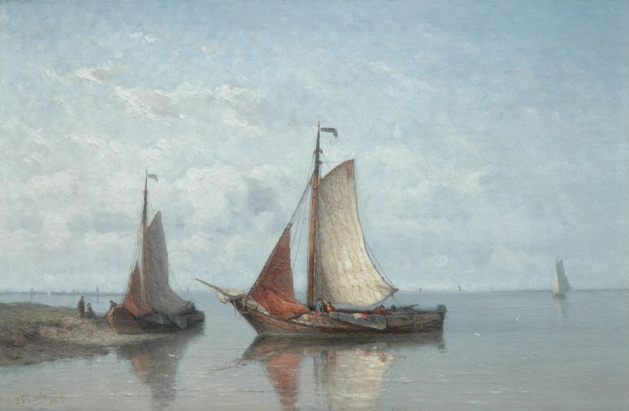 Schütz J.F.  | Jan Frederik Schütz, Fishing boats from Zierikzee in a calm, Öl auf Holz 32,5 x 49,2 cm, signed l.l. und dated '84