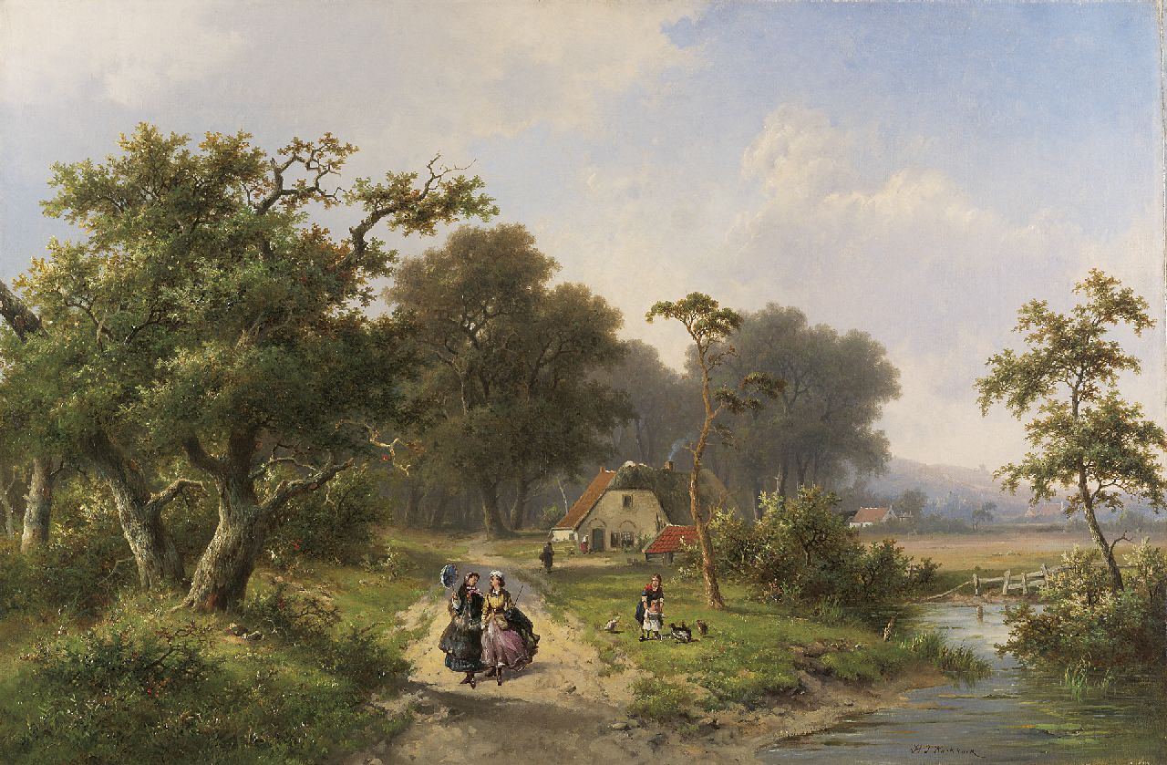 Koekkoek P.H.  | Pieter Hendrik 'H.P.' Koekkoek, Elegante Damen, die auf einem Waldweg, an einem Bauernhofyard gehen, Öl auf Leinwand 66,5 x 99,6 cm, Unterzeichnet r.u.