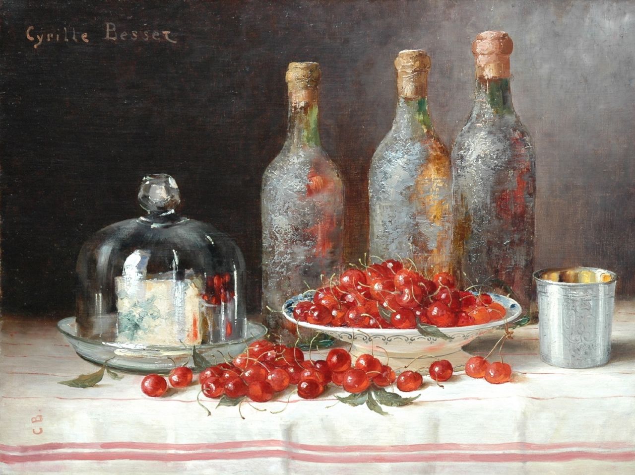 Cyrille Besset | A still life with bottles, cheese and cherries, Öl auf Leinwand, 49,4 x 65,0 cm, signed u.l. and l.l. with initials
