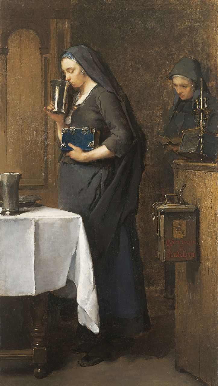 Bisschop Ch.  | Christoffel Bisschop, A moment of piety, Hinlopen, Öl auf Leinwand 103,4 x 58,8 cm, signed u.l. und painted circa 1880