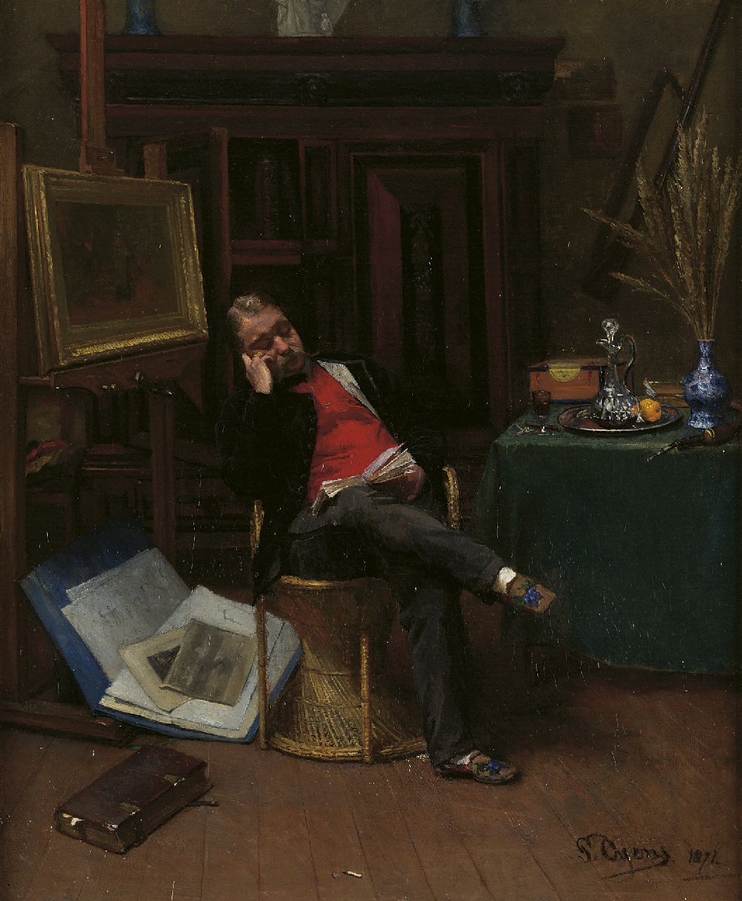 Oyens P.  | Pieter Oyens, Reading in the artist's studio, Öl auf Leinwand 64,8 x 53,5 cm, signed l.r. und dated 1871