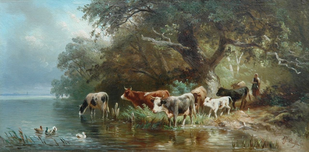 Prooijen A.J. van | Albert Jurardus van Prooijen, Cows watering, Öl auf Holz 16,1 x 33,0 cm, signed l.r.