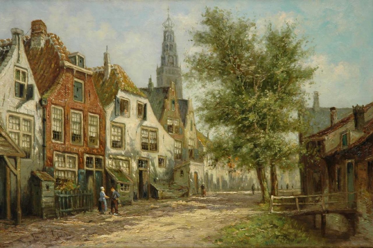 Laar J. van | Jan van Laar, Figures in a street, with the Bakenessekerk beyond, Öl auf Leinwand 40,2 x 60,3 cm, signed l.l. and on the reverse