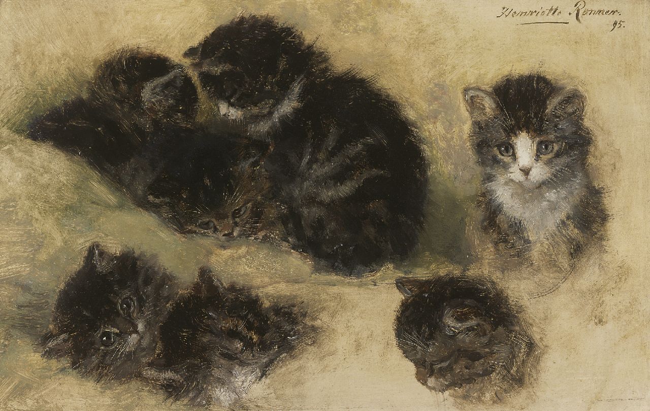Ronner-Knip H.  | Henriette Ronner-Knip, Study of kittens, Öl auf Papier auf Holz 25,1 x 39,7 cm, signed u.r. und painted '95