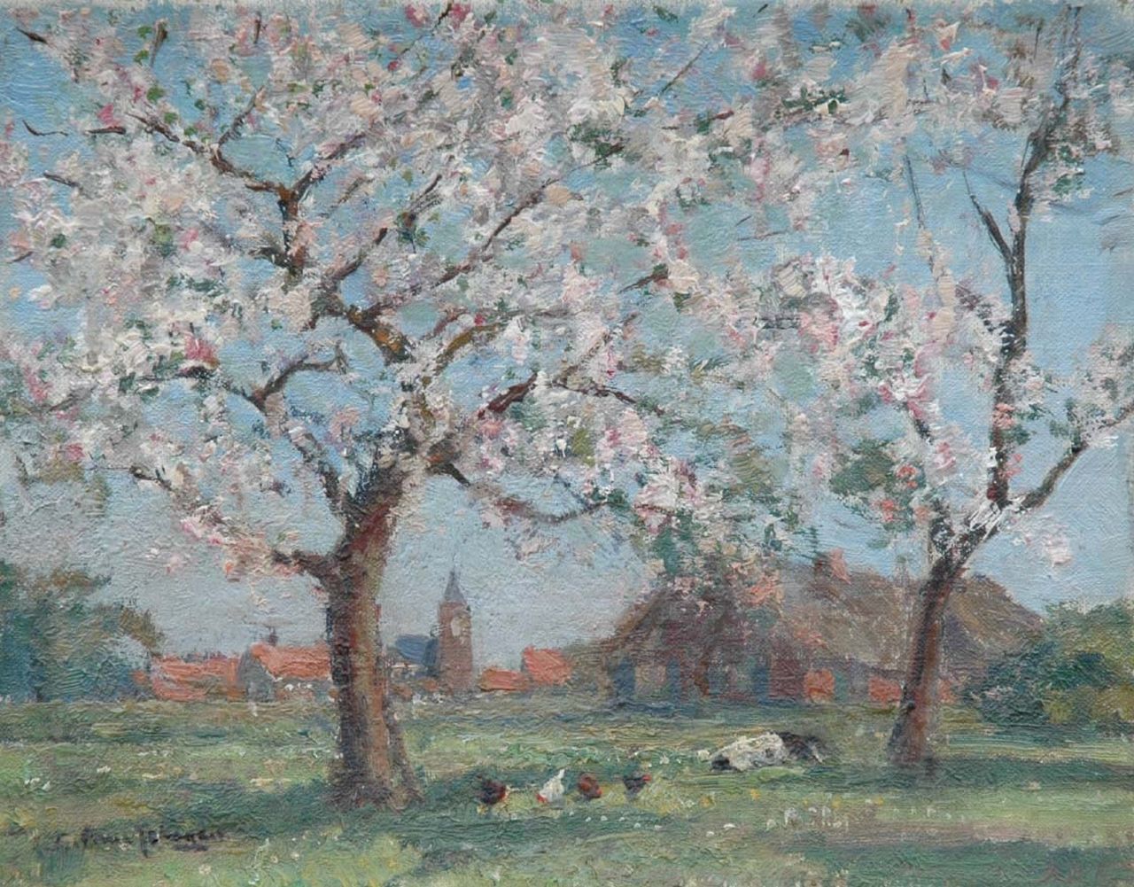 Schagen G.F. van | Gerbrand Frederik van Schagen, Chickens under blossoming trees, Öl auf Leinwand auf Holz 19,3 x 24,5 cm, signed l.l.