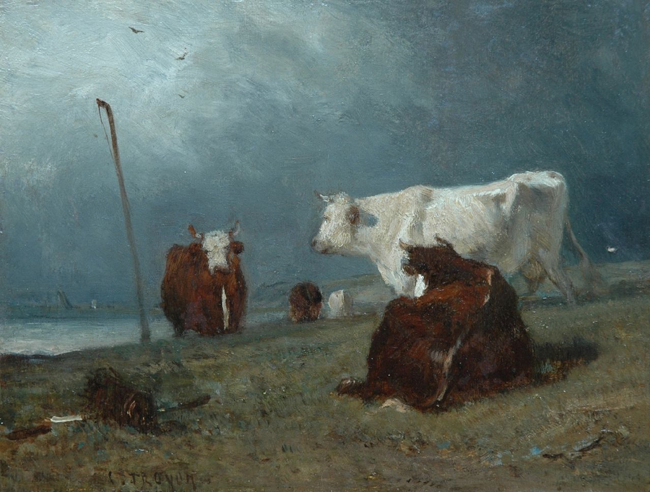 Constant Troyon | Four cows along the waterside, Öl auf Holz, 18,7 x 24,8 cm, signed c.l.