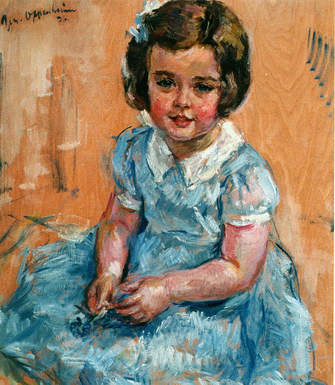 Oppenheimer J.  | Joseph Oppenheimer, A young girl in a blue dress, Öl auf Holz 75,0 x 63,0 cm, signed u.l. und dated '36