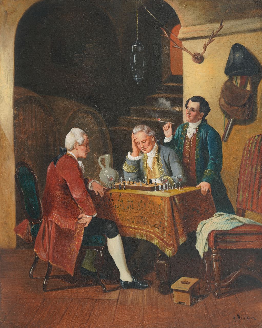 Engelse School | Schachspieler in einem Weinkeller, Öl auf Leinwand, 69,0 x 55,8 cm, Unterzeichnet r.u.