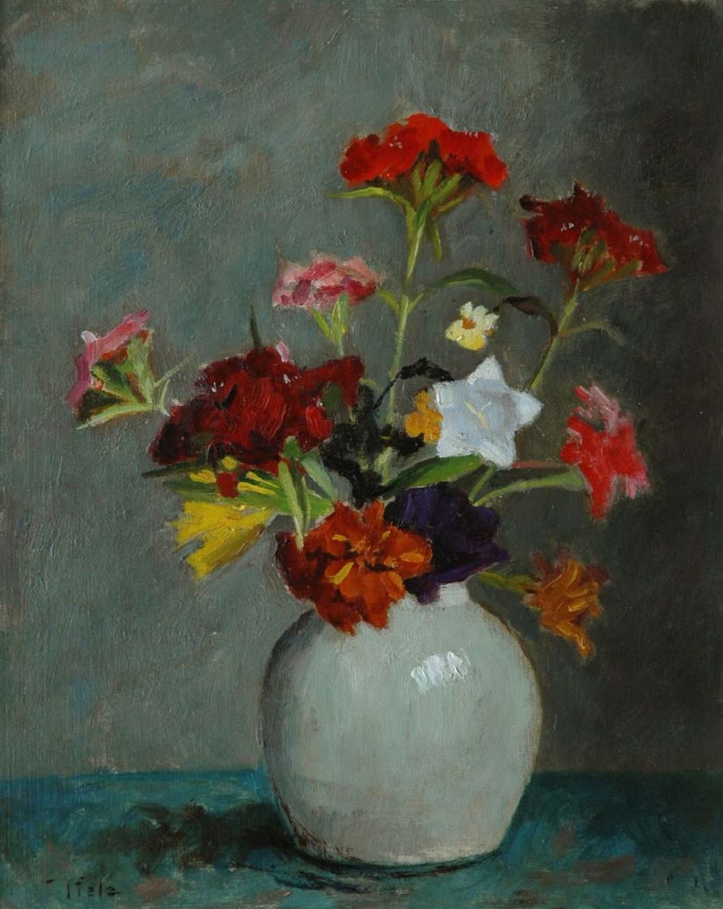 Tiele J.  | 'Jan' Cornelis Tiele, A coulorful bouquet, Öl auf Holzfaser 30,0 x 24,0 cm, signed l.l. und painted between 1945-1955