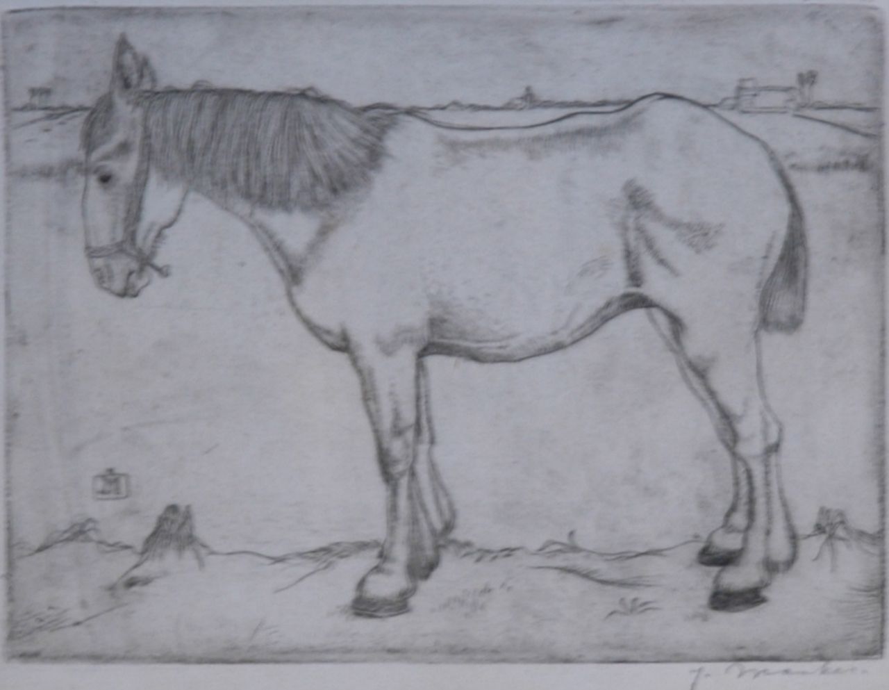 Mankes J.  | Jan Mankes, A horse, Radierung auf Papier 11,8 x 15,8 cm, signed l.r. in pencil and m.l. with monogram in the plate und painted in 1917