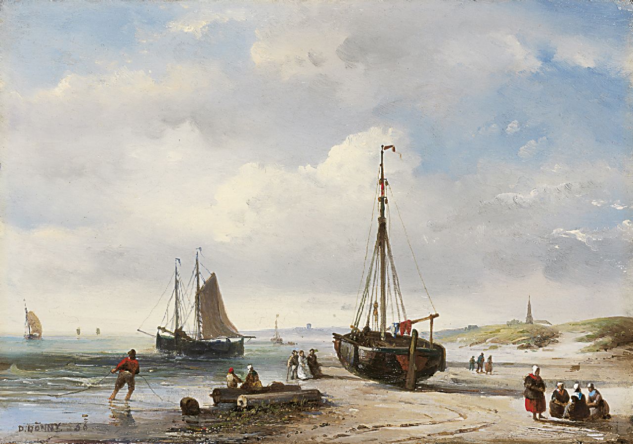 Donny D.  | Desiré Donny, An elegant company and fishermen on the beach, Öl auf Holz 19,2 x 27,6 cm, signed l.l. und dated '56
