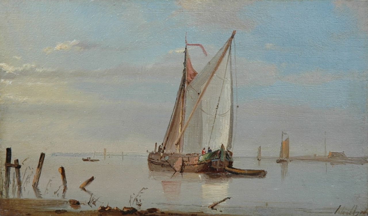 Schiedges P.P.  | Petrus Paulus Schiedges, Sailing vessels in a calm, Öl auf Holz 9,5 x 15,8 cm, signed l.r.