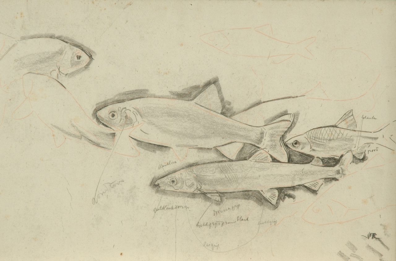 Dijsselhof G.W.  | Gerrit Willem Dijsselhof, Studie für Forellen, Schwarze Kreide auf Papier 26,5 x 40,1 cm