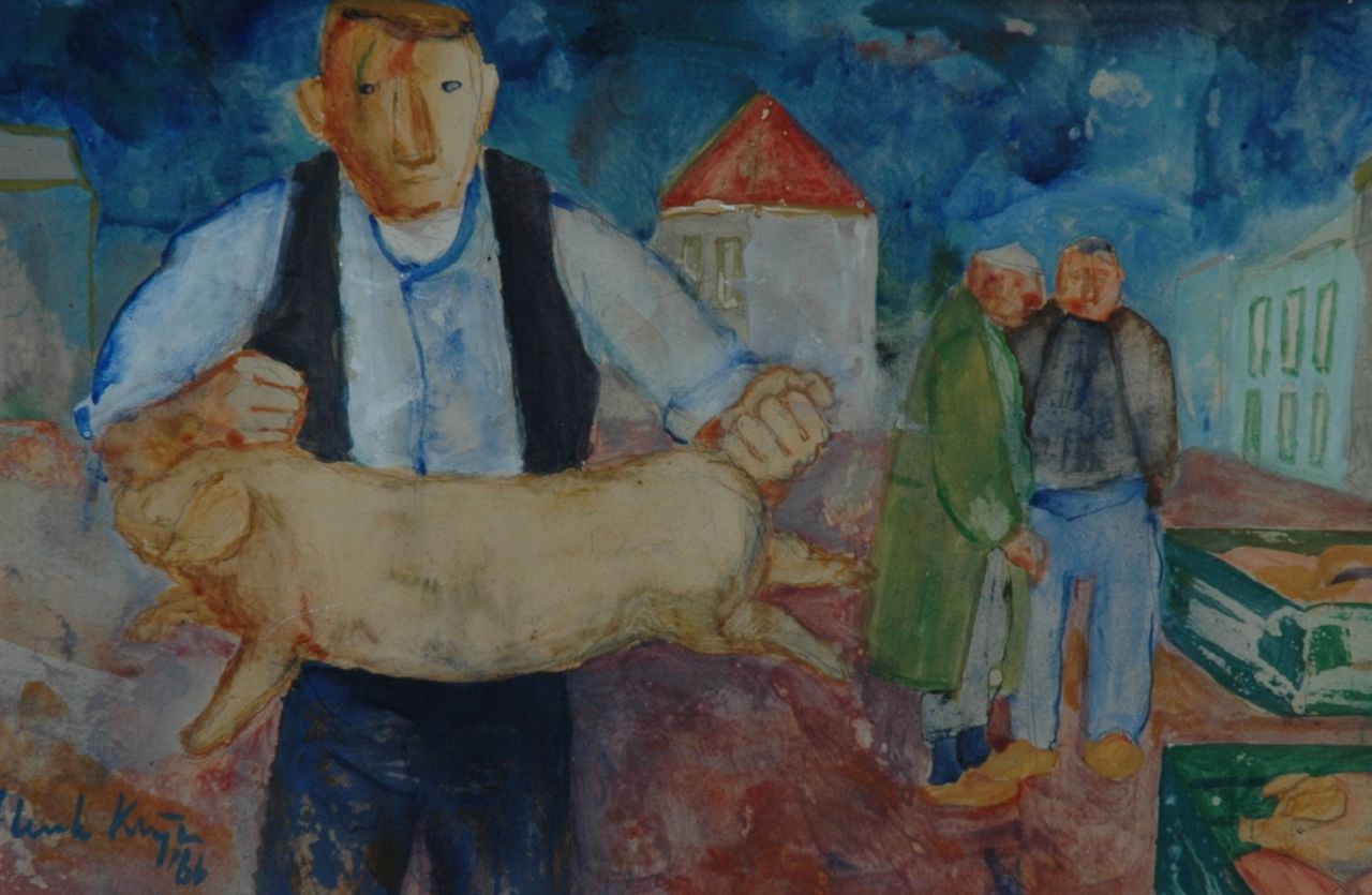Klijn H.W.  | Hendrik Willem 'Henk' Klijn, At the pig's fair, Aquarell auf Papier 32,6 x 50,5 cm, signed l.l. und dated '66