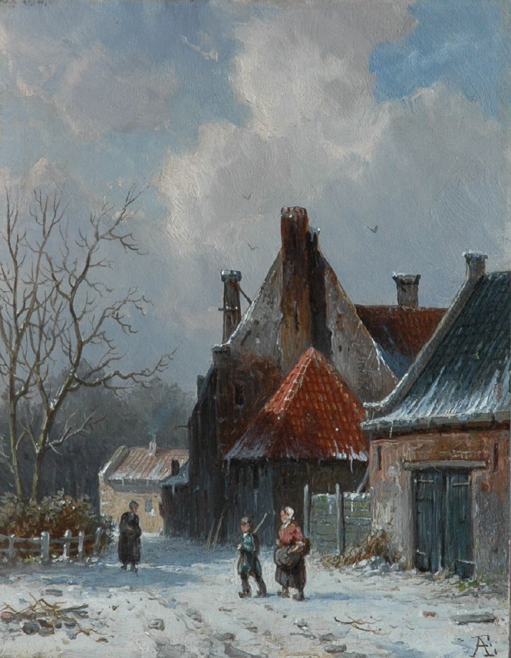 Eversen A.  | Adrianus Eversen, A village in winter, Öl auf Holz 18,9 x 14,8 cm, signed l.r. with monogram