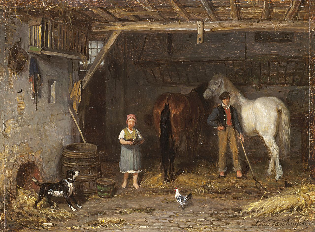 Jean Louis van Kuyck | Feeding the horses, Öl auf Holz, 16,9 x 22,6 cm, signed l.r.