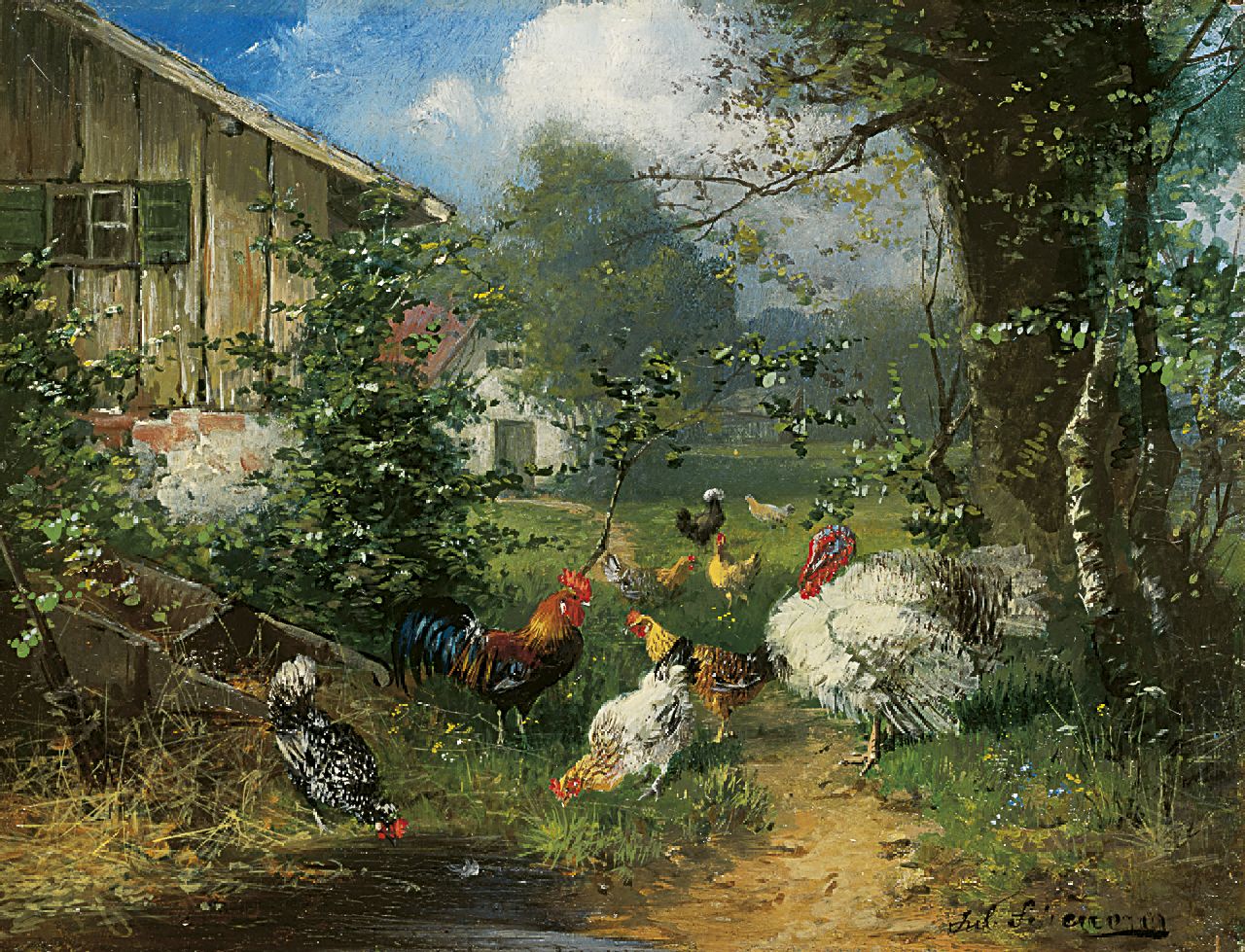Scheuerer J.  | Julius Scheuerer, Buntes Federvieh in einem Garten, Öl auf Holz 13,9 x 18,0 cm, Unterzeichnet r.u.