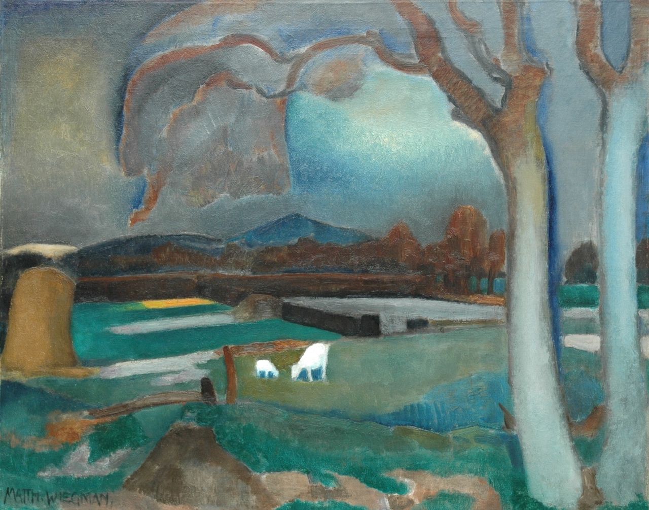 Wiegman M.J.M.  | Mattheus Johannes Marie 'Matthieu' Wiegman, A landscape with goats, Öl auf Leinwand 77,0 x 96,5 cm, signed l.l. und dated between 1914-1916