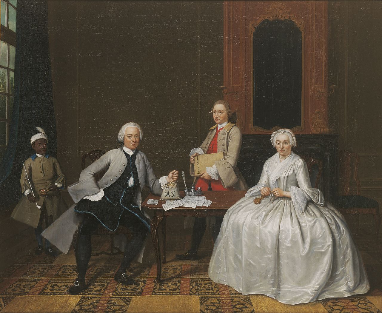 Tibout Regters | Merchant and banker Gijsbrecht Antwerpen Verbrugge van Freyhoff, his wife Maria Hooft, the bookkeeper and a black servant, Öl auf Leinwand, 68,0 x 82,7 cm, signed l.l. und dated 1750