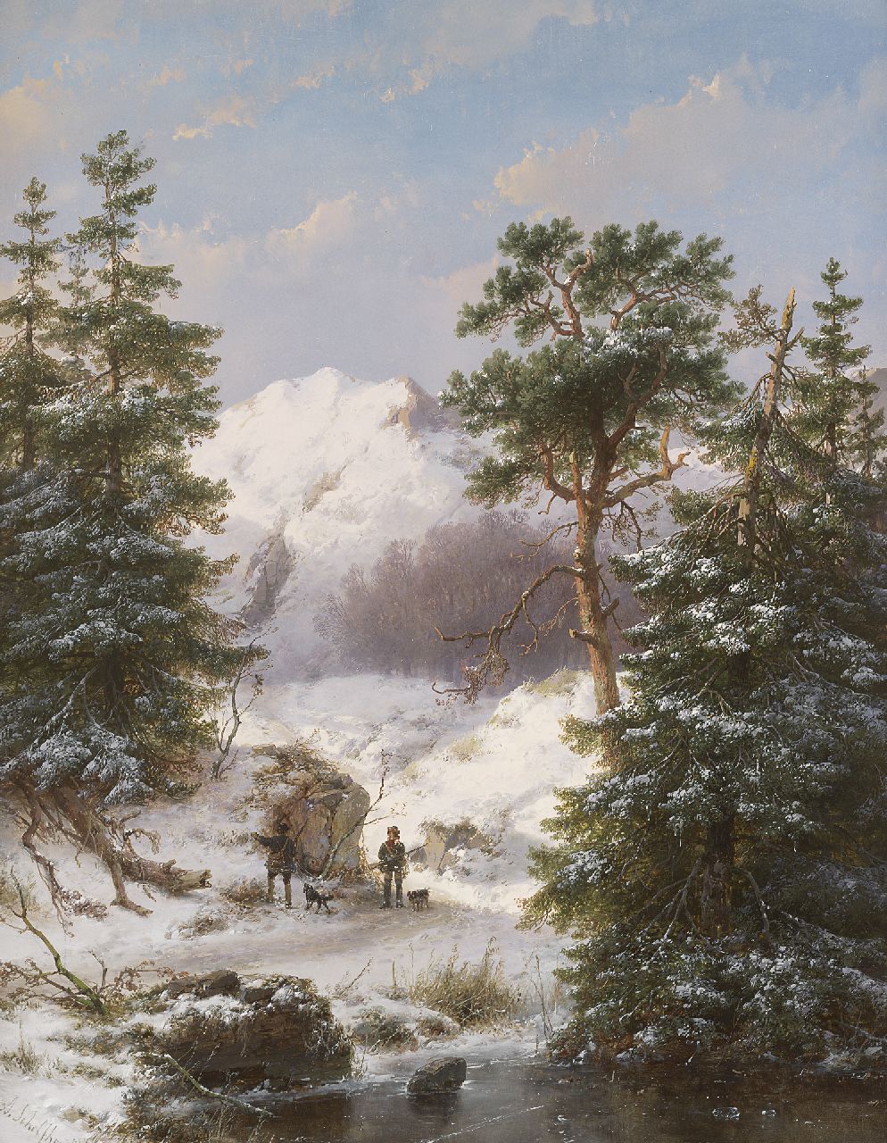 Schelfhout A.  | Andreas Schelfhout, Hunters in a mountain landscape, Öl auf Holz 62,4 x 48,0 cm, signed l.l. und painted '55