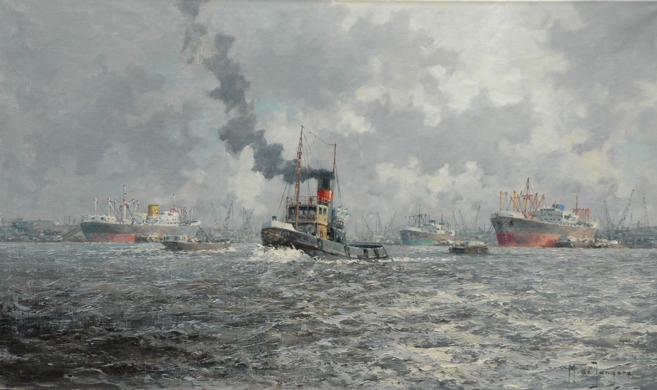 Drulman M.J.  | Marinus Johannes Drulman, Tug fleet, The Waalhaven Rotterdam, Öl auf Leinwand 60,3 x 100,8 cm, signed l.r. with pseudonym 'M. de Jongere'