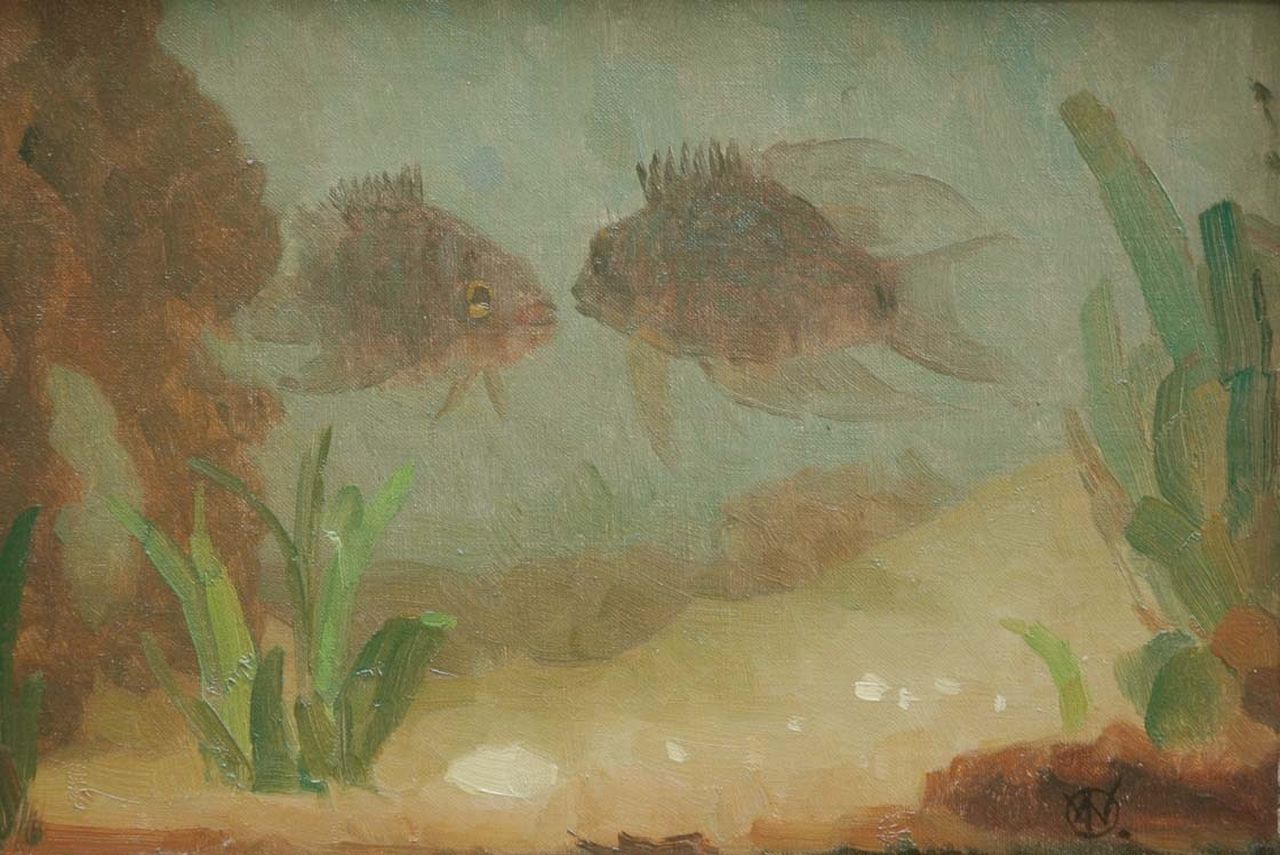 Dijsselhof G.W.  | Gerrit Willem Dijsselhof, An aquarium with fish, Öl auf Leinwand 18,0 x 25,5 cm, signed l.r. with monogram