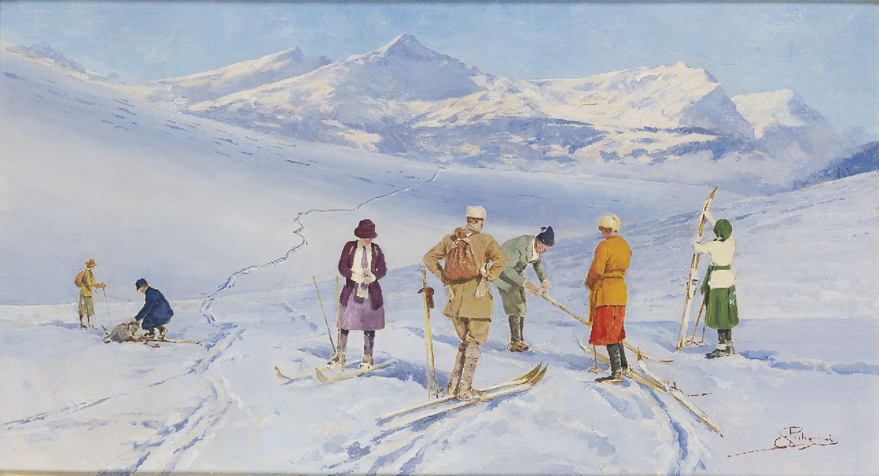 Pellegrini C.  | Carlo Pellegrini, Skiing in the Alps, Öl auf Holz 33,0 x 60,5 cm, signed l.r.