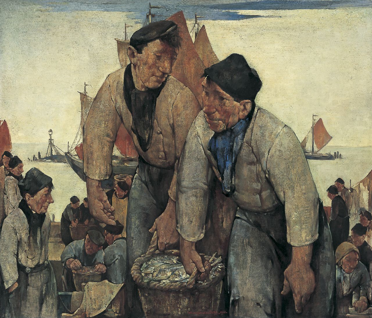 Berg W.H. van den | 'Willem' Hendrik van den Berg, Volendamse vissers met hun vangst, Öl auf Leinwand 85,3 x 100,6 cm, Unterzeichnet M.u. und datiert 1968