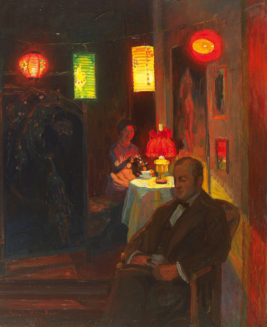 Erich Kleiber | Abendliche Teestunde bei chinesischem Lampionslicht, Öl auf Leinwand, 68,0 x 55,0 cm, Unterzeichnet l.u. und datiert 1912