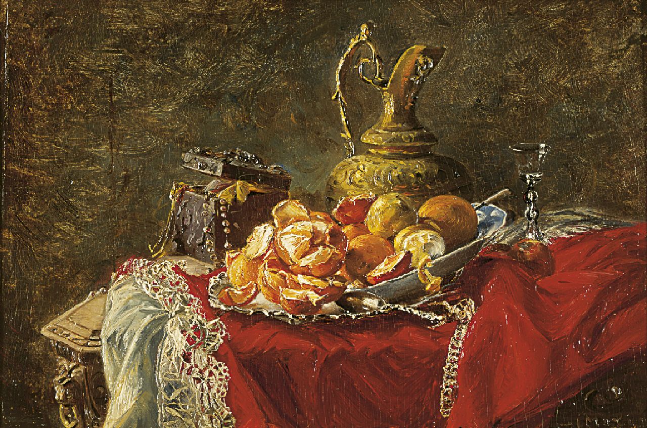 Molijn I.H.  | 'Ida' Helena  Molijn, A still life with a jug and citrus fruit, Öl auf Holz 19,8 x 29,6 cm, signed l.r.