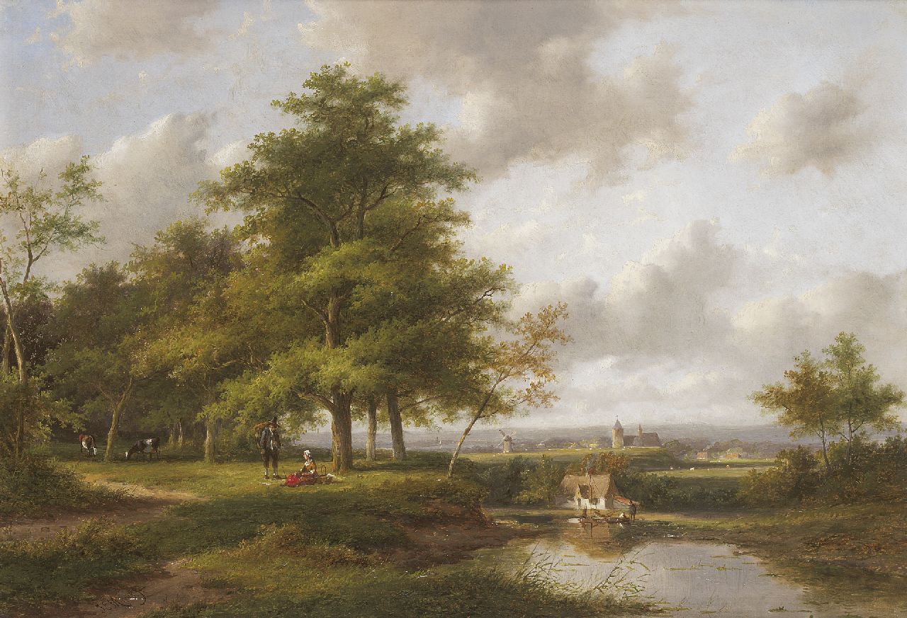 Morel II J.E.  | Jan Evert Morel II, A panoramic landscape with figures, Öl auf Holz 35,3 x 50,9 cm, signed l.l.