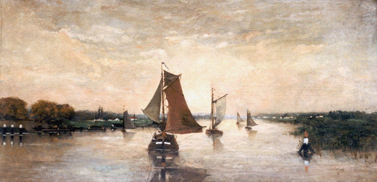 Dubois L.  | Louis Dubois, Flatboats in a calm, Öl auf Leinwand 97,1 x 197,7 cm, signed l.r. und dated '79