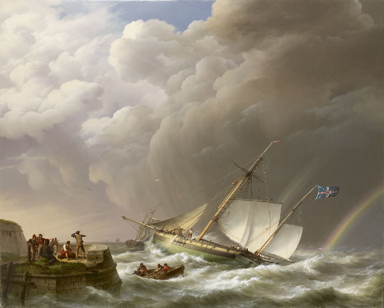 Koekkoek J.H.  | Johannes Hermanus Koekkoek, Sailing ship off a jetty in stormy weather, Öl auf Leinwand 113,0 x 142,0 cm, signed l.l. und dated 1827