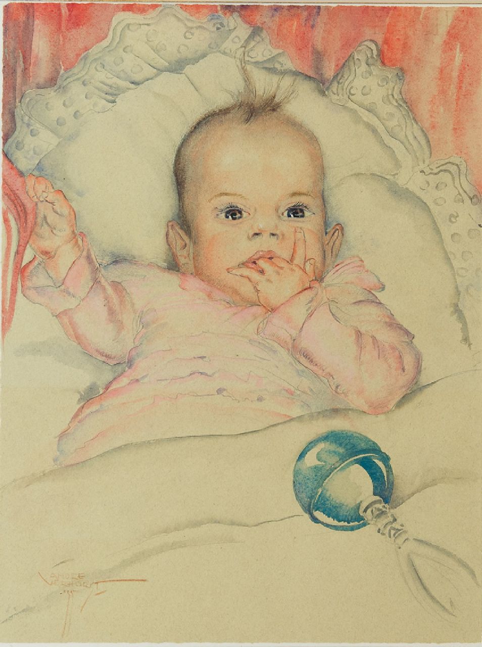 André Verhorst | Porträt des Babys Emmie Reijnders, Bleistift und Aquarell auf Papier, 44,5 x 33,5 cm, Unterzeichnet l.u. und datiert '35