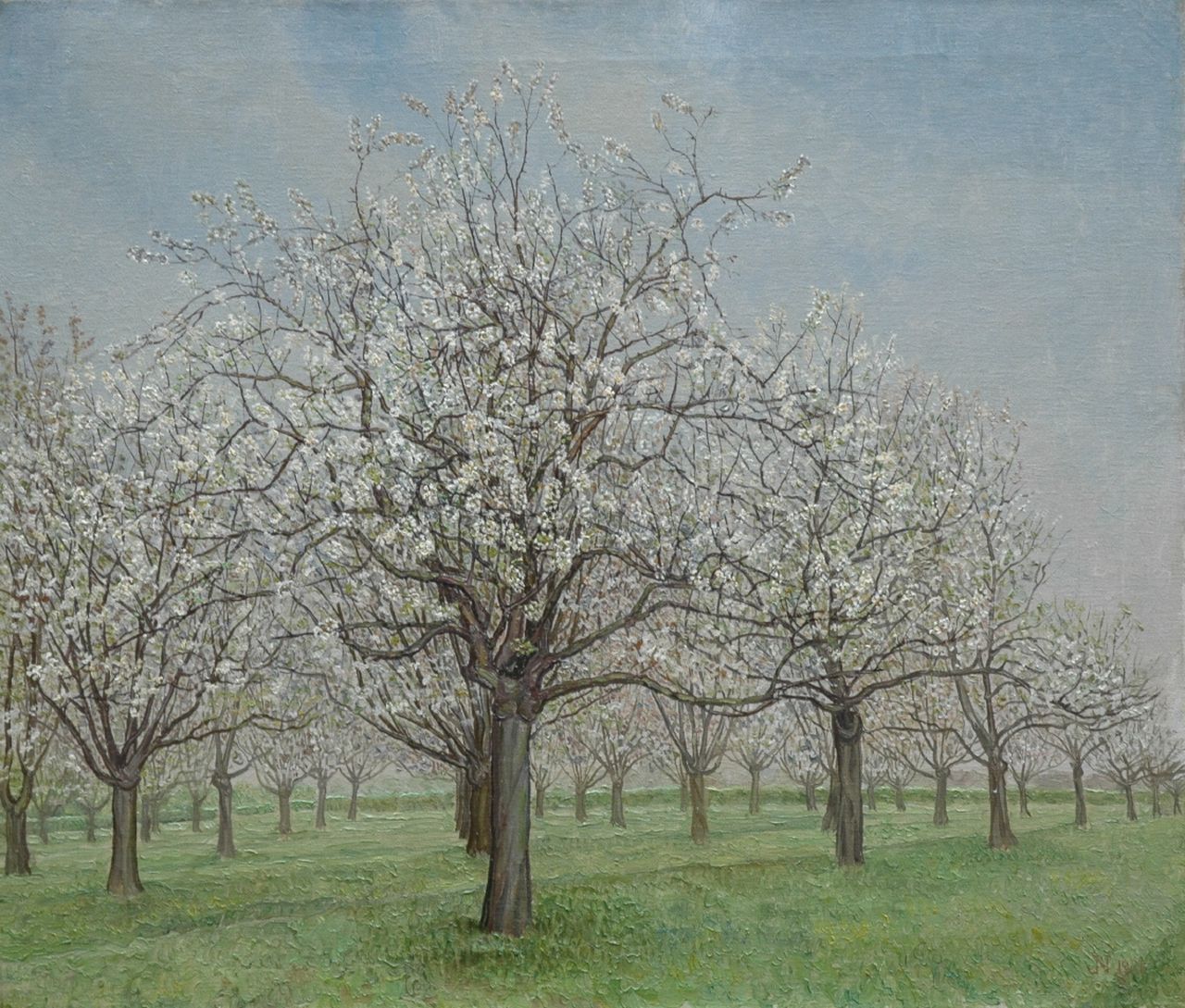 Nieweg J.  | Jakob Nieweg, An orchard in blossom, Betuwe, Öl auf Leinwand 60,5 x 70,4 cm, signed l.r. with monogram und dated 1931