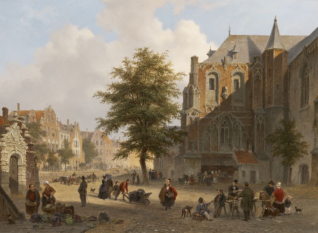 Hove B.J. van | Bartholomeus Johannes 'Bart' van Hove, Belebter Marktplatz in kleiner holländischen Stadt, Öl auf Holz 42,2 x 56,7 cm, Unterzeichnet r.u. und datiert 1852