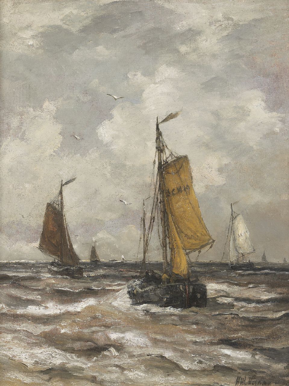 Mesdag H.W.  | Hendrik Willem Mesdag, Returning barges, Öl auf Leinwand 50,7 x 39,8 cm, signed l.r. und dated 19(..)
