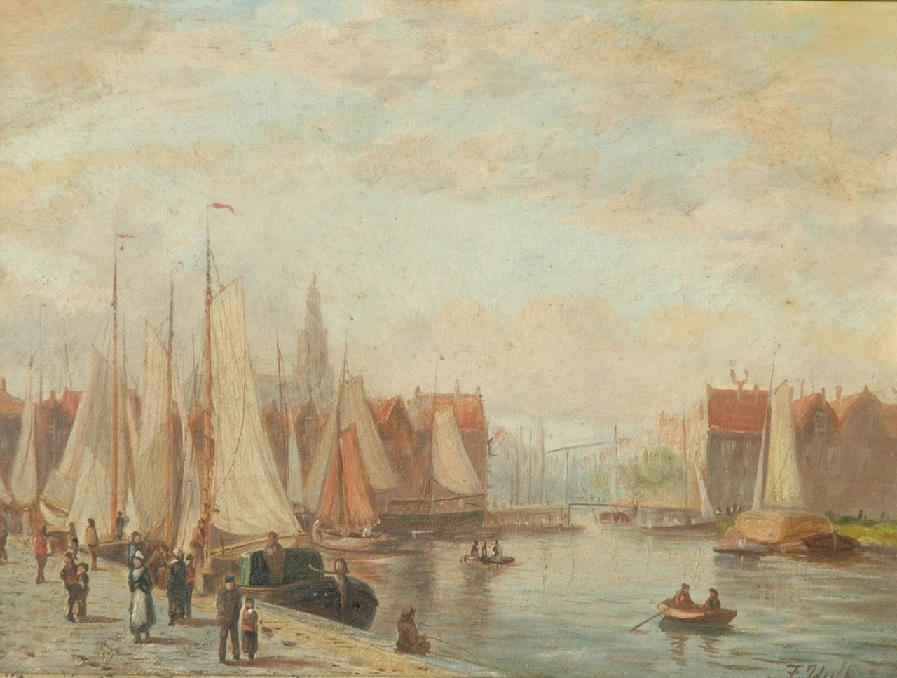 Hulk sr. J.F.  | Johannes Frederik Hulk sr., Sailing vessels moored to the quay, Öl auf Leinwand 23,0 x 31,0 cm, gesigneerd rechtsonder