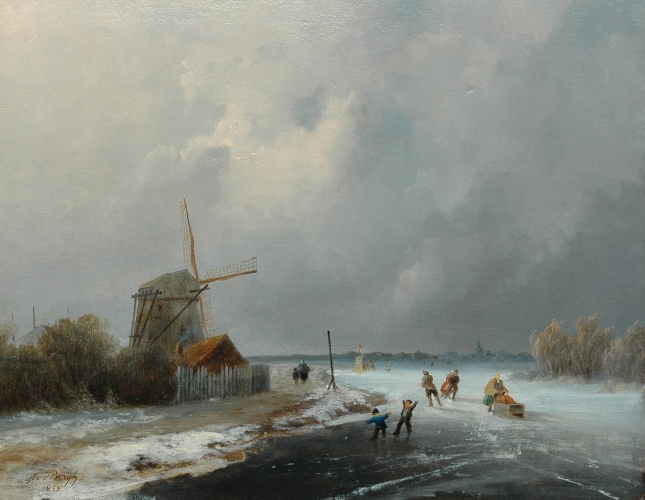 Andries van den Bergh | A winter scene with skaters near a windmill, Öl auf Holz, 30,4 x 38,6 cm, signed l.l. und dated 1855