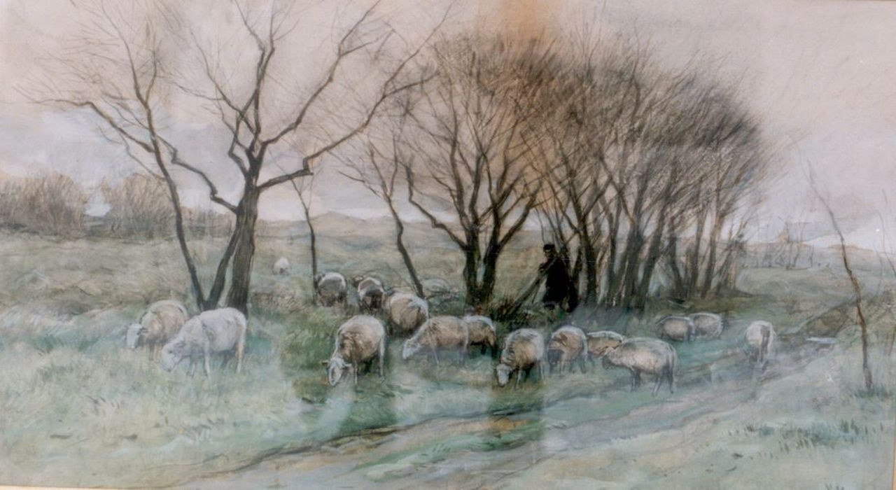 Mauve A.  | Anthonij 'Anton' Mauve, A shepherd and flock, Aquarell auf Papier 33,0 x 58,7 cm, signed l.r.