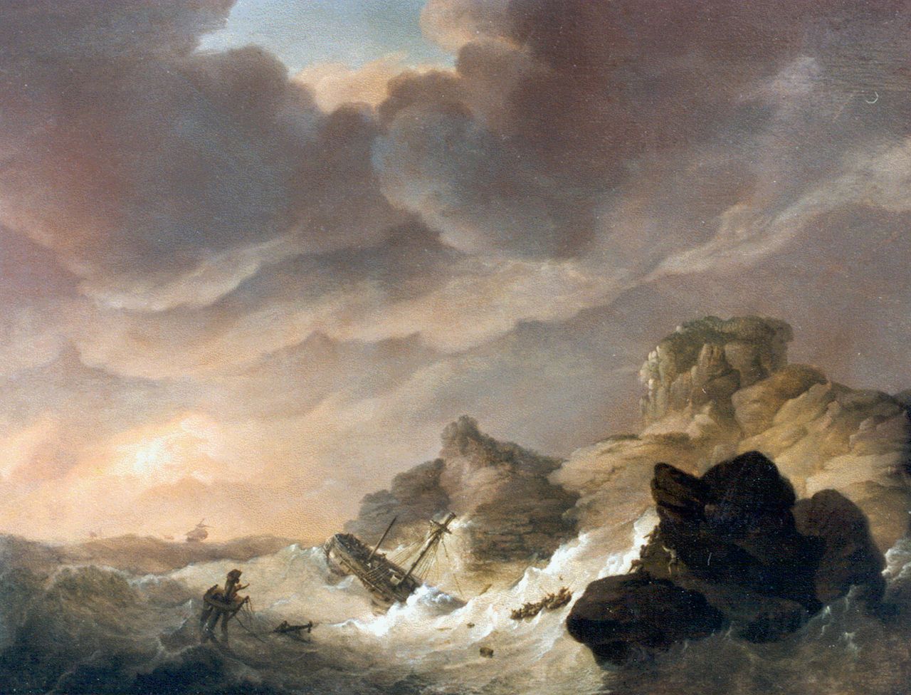 Koekkoek J.H.  | Johannes Hermanus Koekkoek, Sailing-vessel in distress, Öl auf Holz 26,0 x 33,3 cm