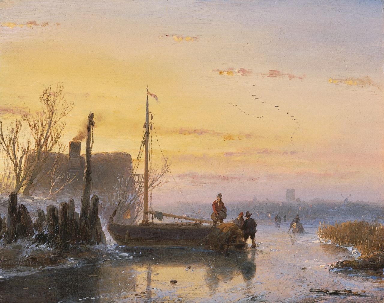 Schelfhout A.  | Andreas Schelfhout, Skaters near a frozen up fishing boat, Öl auf Holz 15,1 x 19,1 cm, signed l.l. und painted circa 1850