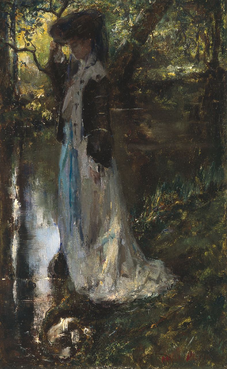 Roelofs O.W.A.  | Otto Willem Albertus 'Albert' Roelofs, Elegant young woman near a stream, Öl auf Holz 39,5 x 25,0 cm